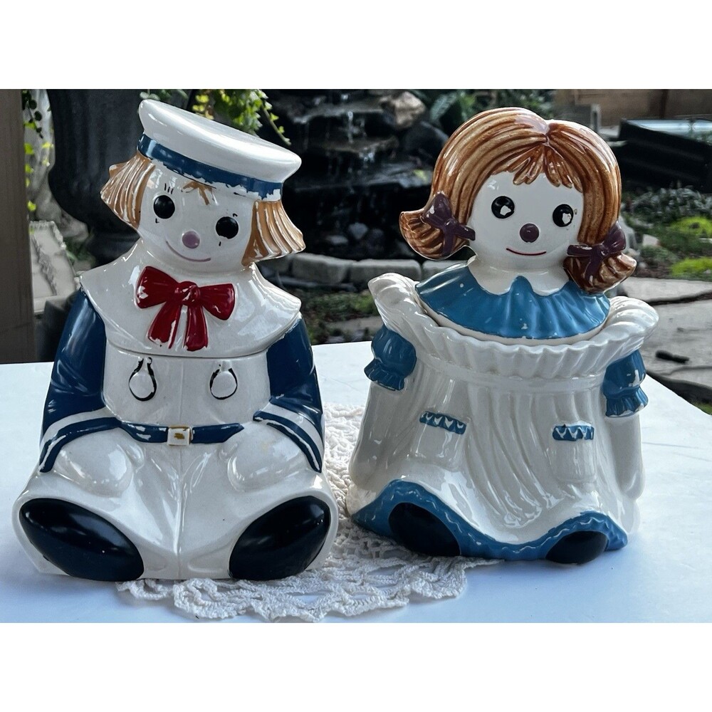 Vintage Raggedy Ann & Andy Cookie Jar Set Royal Seal Japan Ceramic Cookie Jars